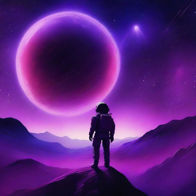 A high-quality digital art piece depicting a barren planet under a vibrant purple galactic sky