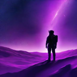 A high-quality digital art piece depicting a barren planet under a vibrant purple galactic sky