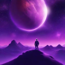 A high-quality digital art piece depicting a barren planet under a vibrant purple galactic sky