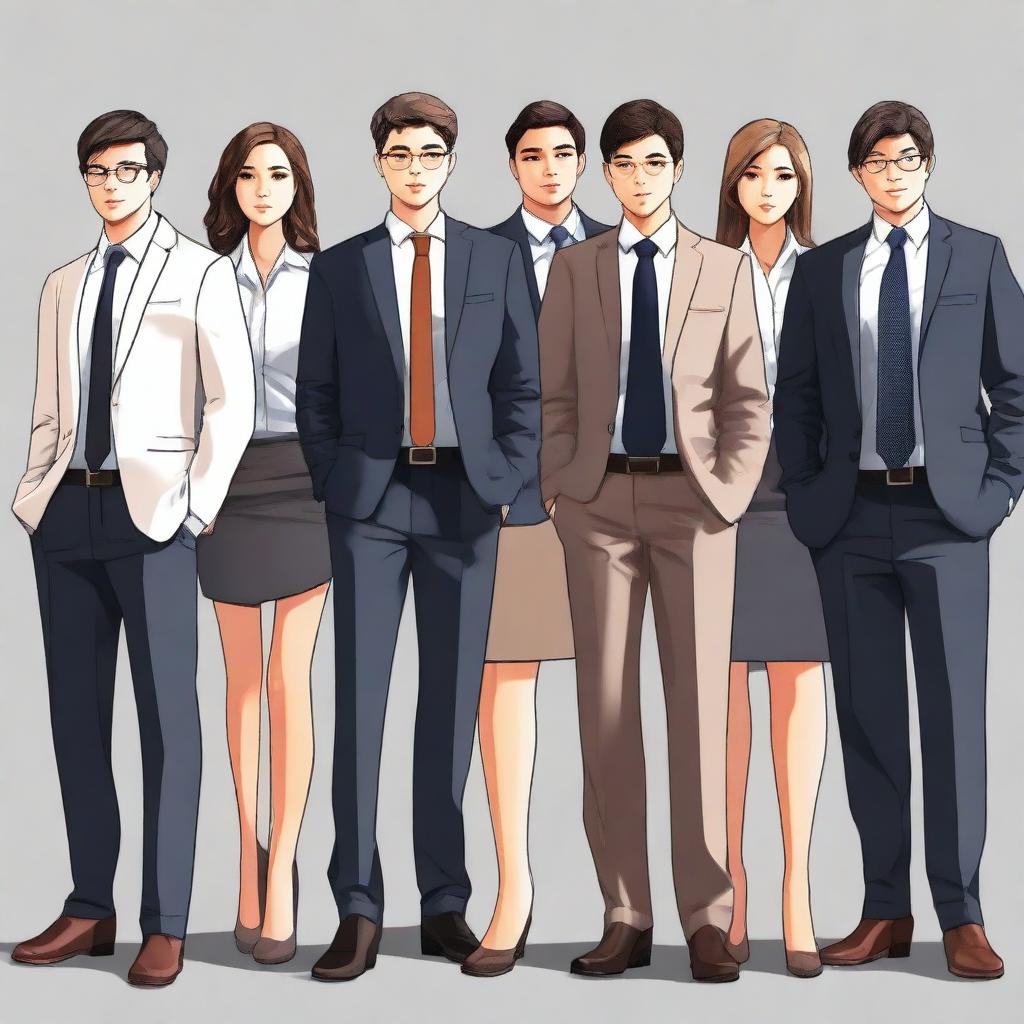 A high-quality digital art image featuring a group of young business leaders standing in formal business attire