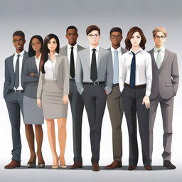 A high-quality digital art image featuring a group of young business leaders standing in formal business attire