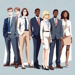 A high-quality digital art image featuring a group of young business leaders standing in formal business attire