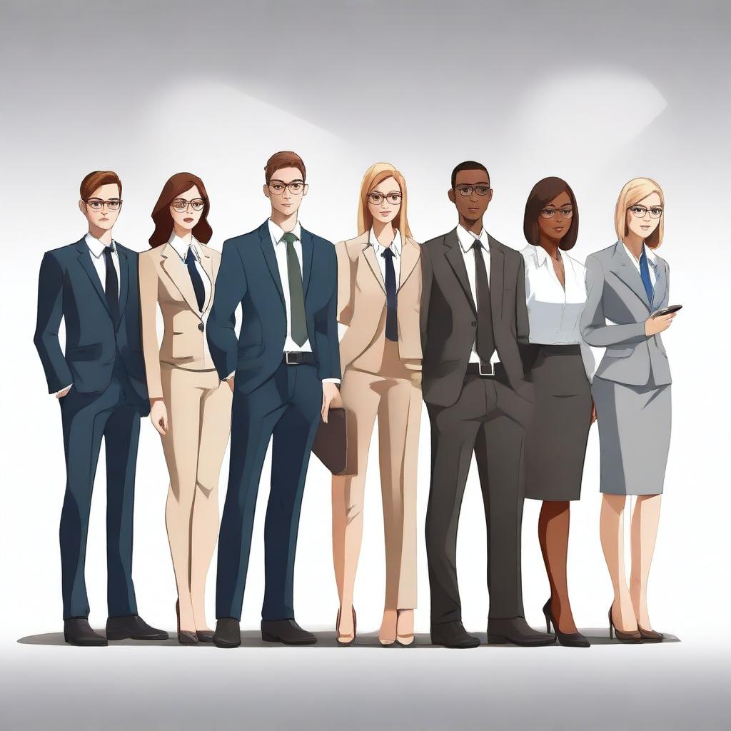 A high-quality digital art image featuring a group of young business leaders standing in formal business attire