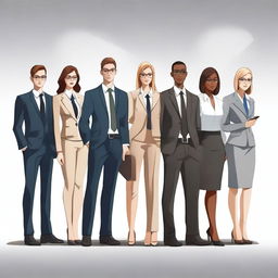 A high-quality digital art image featuring a group of young business leaders standing in formal business attire