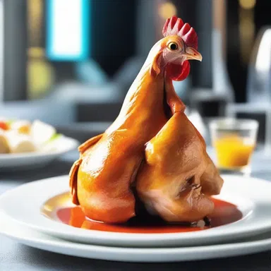 In the science fiction novel, the protagonist ordered a plate of poulet from a futuristic restaurant.