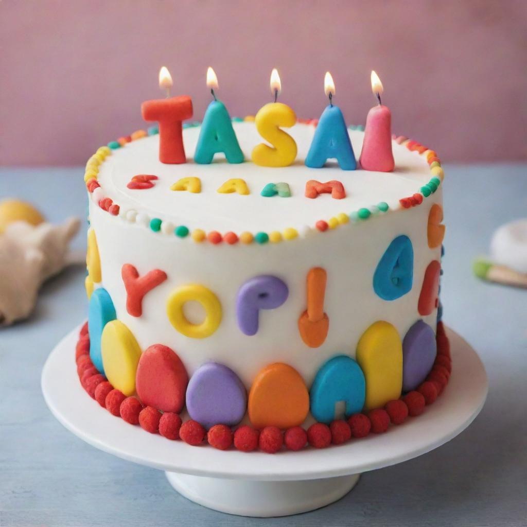 A vibrant birthday cake with cheerful decorations and the name 'Tasmia' elegantly written in icing.