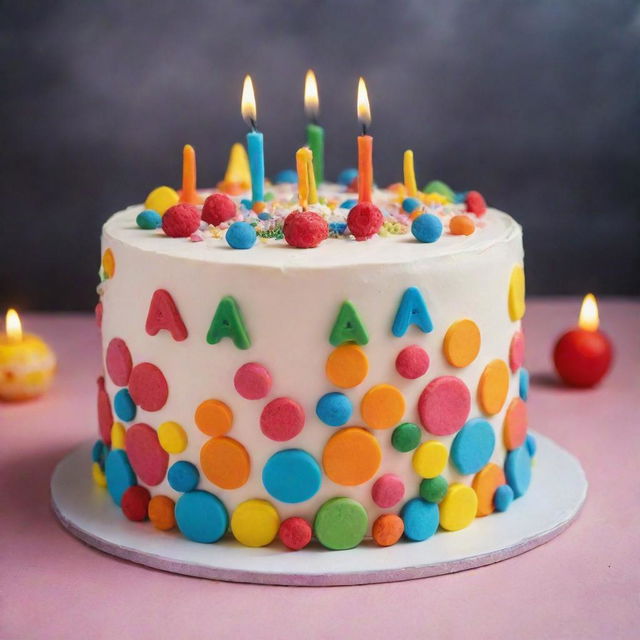 A vibrant birthday cake with cheerful decorations and the name 'Tasmia' elegantly written in icing.