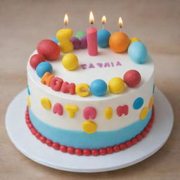 A vibrant birthday cake with cheerful decorations and the name 'Tasmia' elegantly written in icing.