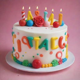 A vibrant birthday cake with cheerful decorations and the name 'Tasmia' elegantly written in icing.