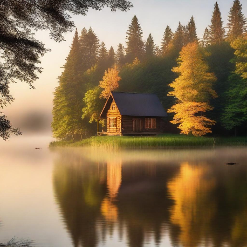 This is a high-quality photo of a serene scene with an idyllic cabin on a tranquil lake