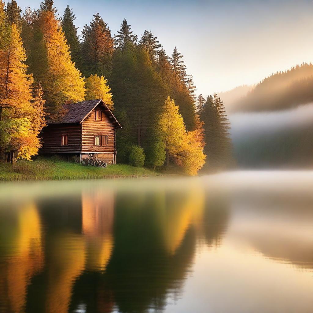 This is a high-quality photo of a serene scene with an idyllic cabin on a tranquil lake