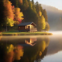 This is a high-quality photo of a serene scene with an idyllic cabin on a tranquil lake