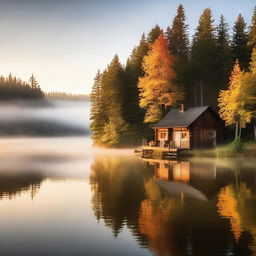 This is a high-quality photo of a serene scene with an idyllic cabin on a tranquil lake