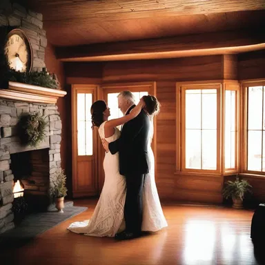 In the cozy cabin by the fireplace, Sarah and John danced slowly to the soothing sounds of the grandfather clock, creating a romantic atmosphere.