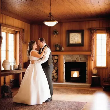 In the cozy cabin by the fireplace, Sarah and John danced slowly to the soothing sounds of the grandfather clock, creating a romantic atmosphere.