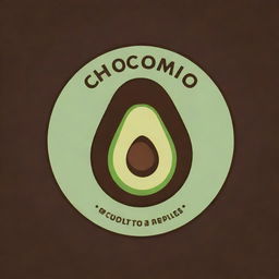 Design a circular logo with a chocolate brown background, featuring a stylized avocado half dipped in chocolate, emitting a subtle glow suggesting bliss. Include the text 'Chocomilo Avocado Bliss' in a combination of chocolate brown and avocado green colors.