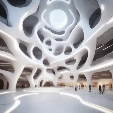 The futuristic building design incorporated elements inspired by the myoneural junction, creating a visually stimulating environment that symbolized the connection between technology and the human body.