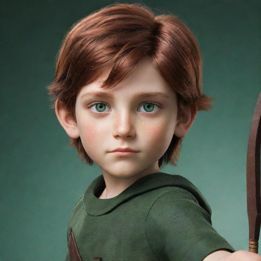 A boy character with sharp yet soft features, a mixture of red and brown hair, green eyes, holding a bow and arrow.