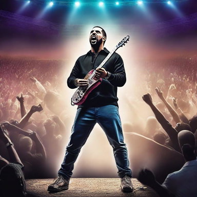 A high-quality digital art piece showcases Drake on a grand concert stage, holding a chainsaw