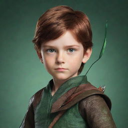 A boy character with sharp yet soft features, a mixture of red and brown hair, green eyes, holding a bow and arrow.