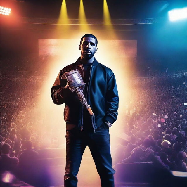 A high-quality digital art piece showcases Drake on a grand concert stage, holding a chainsaw