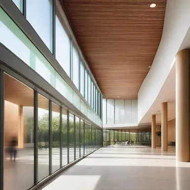 The synergy between the glass walls and natural lighting creates a harmonious and open atmosphere in the building.