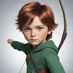 A boy character with sharp yet soft features, a mixture of red and brown hair, green eyes, holding a bow and arrow.