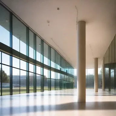 The synergy between the glass walls and natural lighting creates a harmonious and open atmosphere in the building.