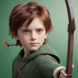 A boy character with sharp yet soft features, a mixture of red and brown hair, green eyes, holding a bow and arrow.