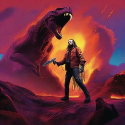 A high-quality digital art piece presents Post Malone engaged in a fierce battle with the Predator on a lava planet