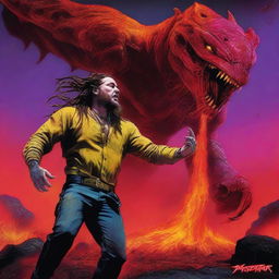 A high-quality digital art piece presents Post Malone engaged in a fierce battle with the Predator on a lava planet