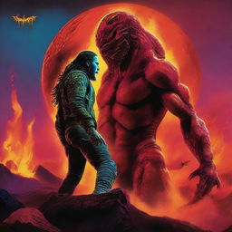 A high-quality digital art piece presents Post Malone engaged in a fierce battle with the Predator on a lava planet