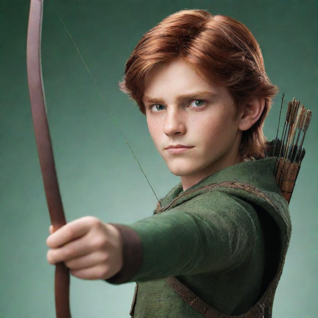 A mature boy character with sharp yet soft features, a mixture of red and brown hair, green eyes, holding a bow and arrow.