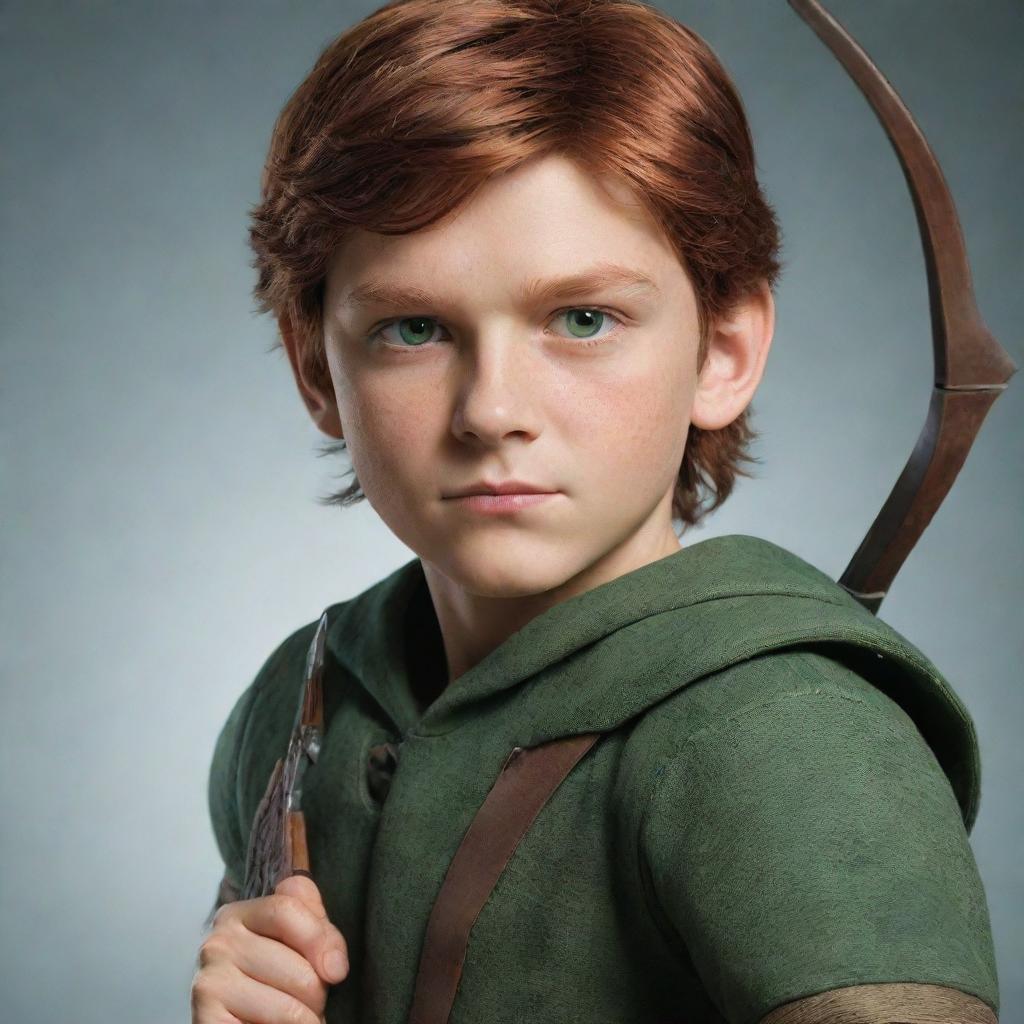 A mature boy character with sharp yet soft features, a mixture of red and brown hair, green eyes, holding a bow and arrow.