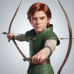 A mature boy character with sharp yet soft features, a mixture of red and brown hair, green eyes, holding a bow and arrow.