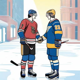 A digital art image capturing a college romance between a hockey player and a journalism student