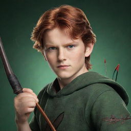 A mature boy character with sharp yet soft features, a mixture of red and brown hair, green eyes, holding a bow and arrow.