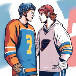 A digital art image capturing a college romance between a hockey player and a journalism student