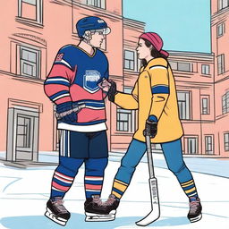 A digital art image capturing a college romance between a hockey player and a journalism student