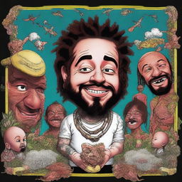 This is a detailed digital art piece showcasing Da Baby, illustrated in the unique style of Meatcanyon, consuming Post Malone