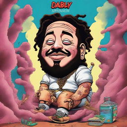 This is a detailed digital art piece showcasing Da Baby, illustrated in the unique style of Meatcanyon, consuming Post Malone