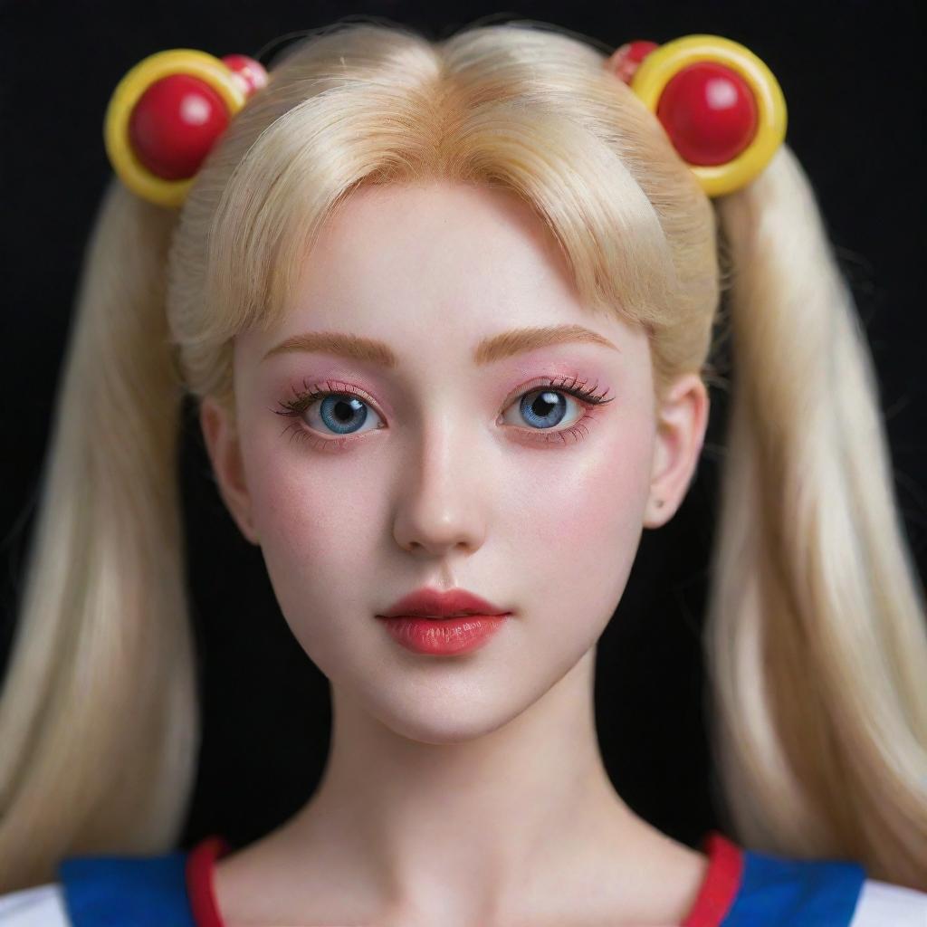 A hyper-realistic version of Sailor Moon, displaying a precise balance of anime aesthetics and realistic human features