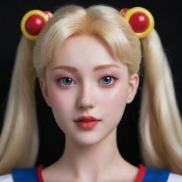 A hyper-realistic version of Sailor Moon, displaying a precise balance of anime aesthetics and realistic human features