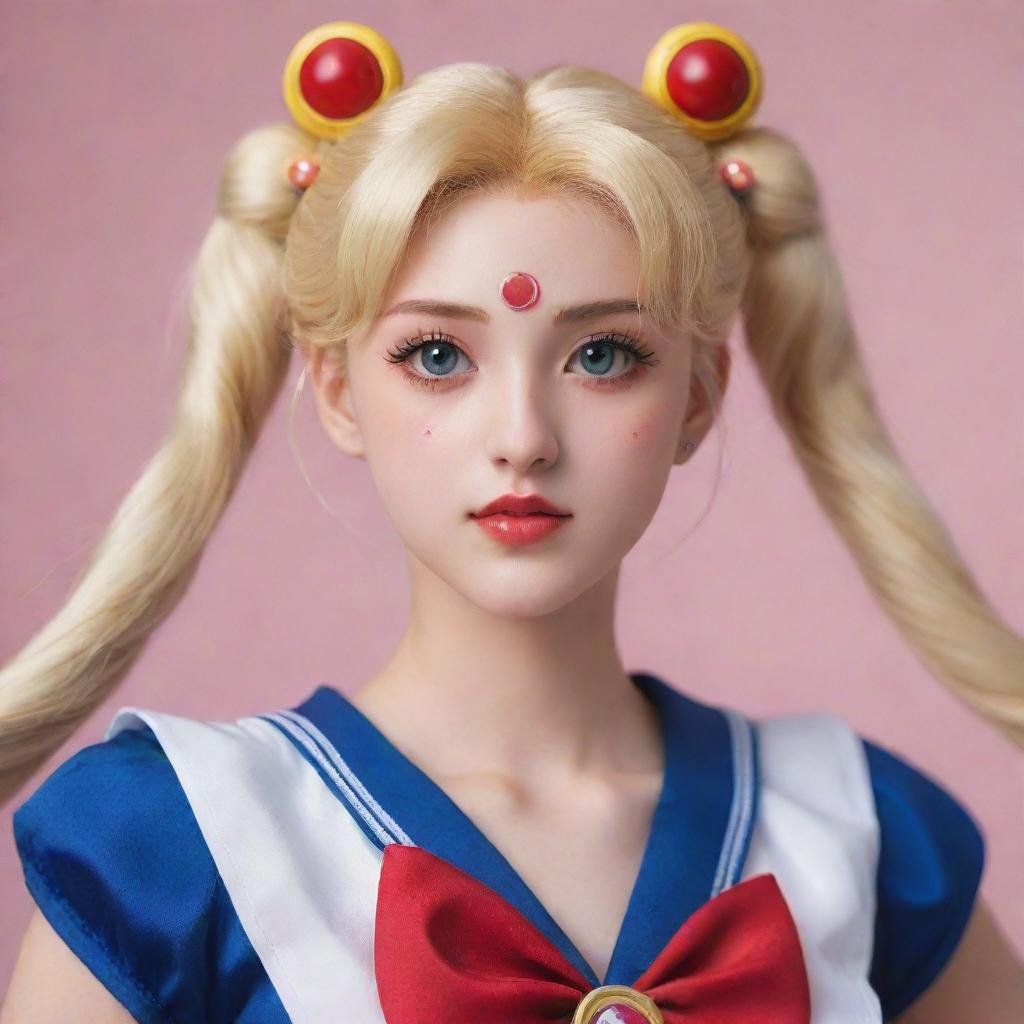 A hyper-realistic version of Sailor Moon, displaying a precise balance of anime aesthetics and realistic human features