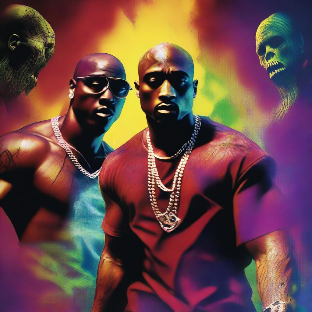 A high-quality digital art piece depicts a zombie version of Tupac in an intense battle with a demon version of Biggie Smalls