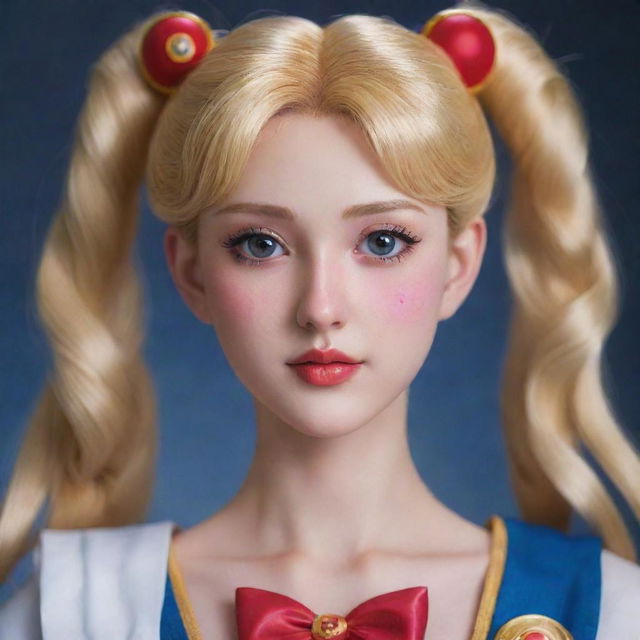 A hyper-realistic version of Sailor Moon, displaying a precise balance of anime aesthetics and realistic human features