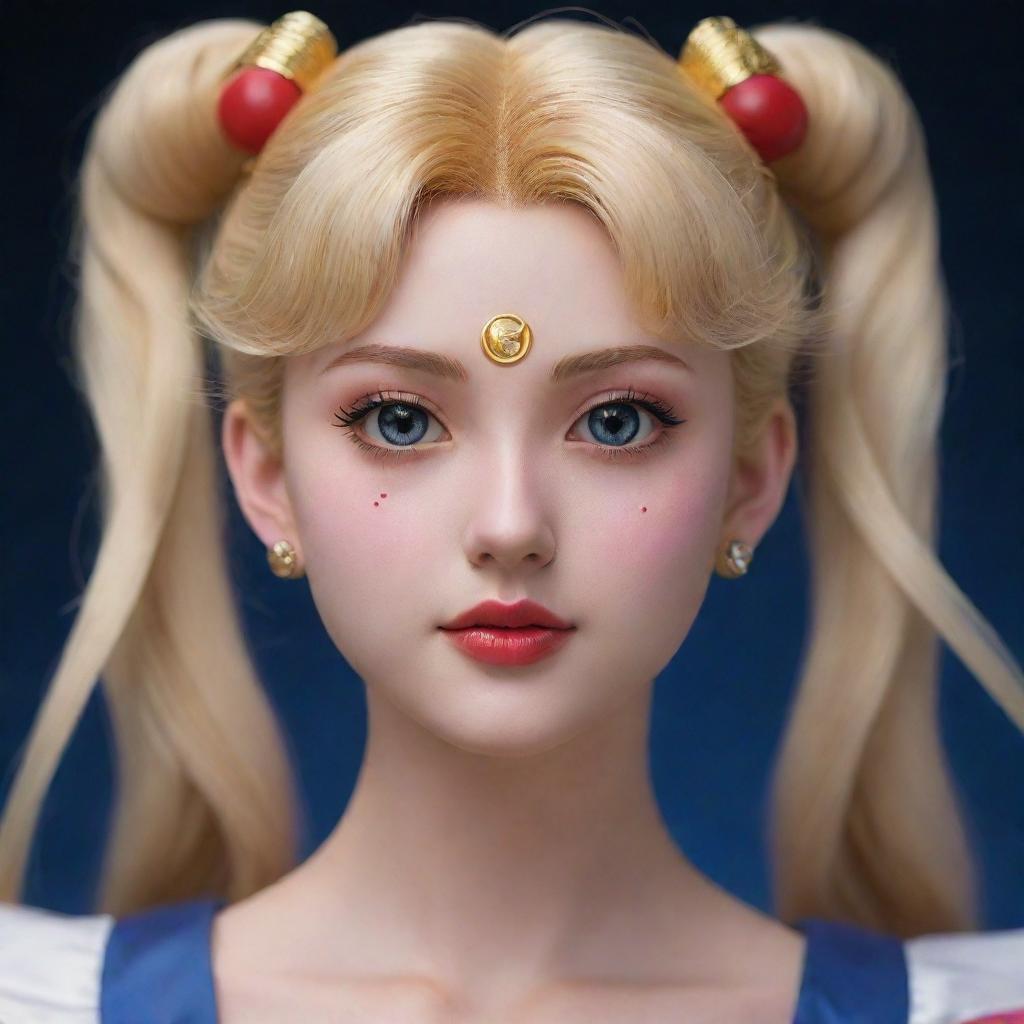 A hyper-realistic version of Sailor Moon, displaying a precise balance of anime aesthetics and realistic human features