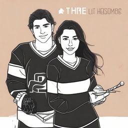 A high-quality digital art image featuring the outlined figures of a brunette girl and a handsome hockey player