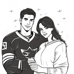 A high-quality digital art image featuring the outlined figures of a brunette girl and a handsome hockey player