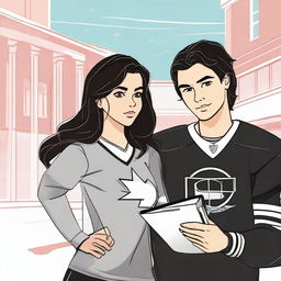 A high-quality digital art image featuring the outlined figures of a brunette girl and a handsome hockey player